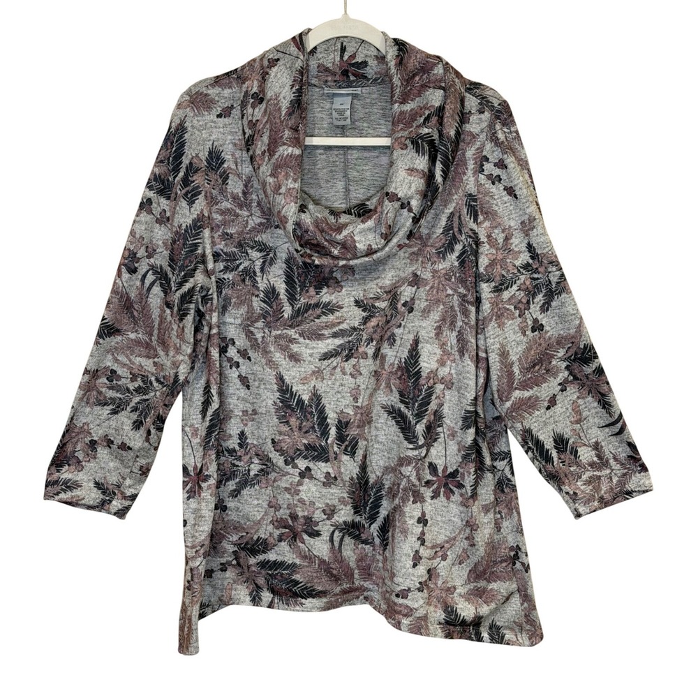 Catherines Womens Cowl Neck Top Grey Purple 0X Floral‎ Fern Print 3/4 Sleeve